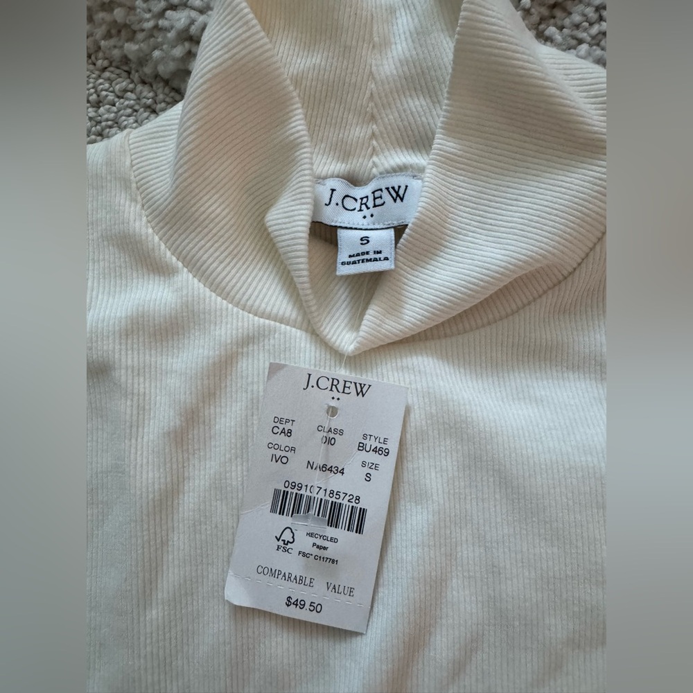 NWT J.Crew Ribbed Knit Mockneck Top Ivory Sz Small Minimalist Fitted Sweater Tee